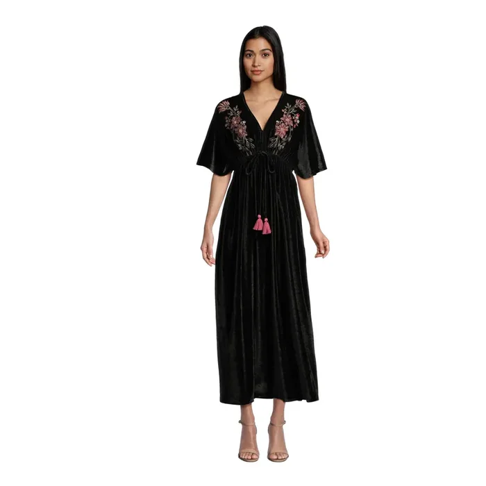 Mira Black Velvet Floral Embroidered Kaftan Dress