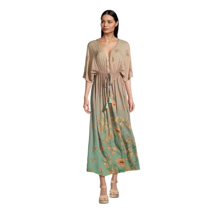 Mira Blush And Green Ombre Watercolor Floral Kaftan Dress