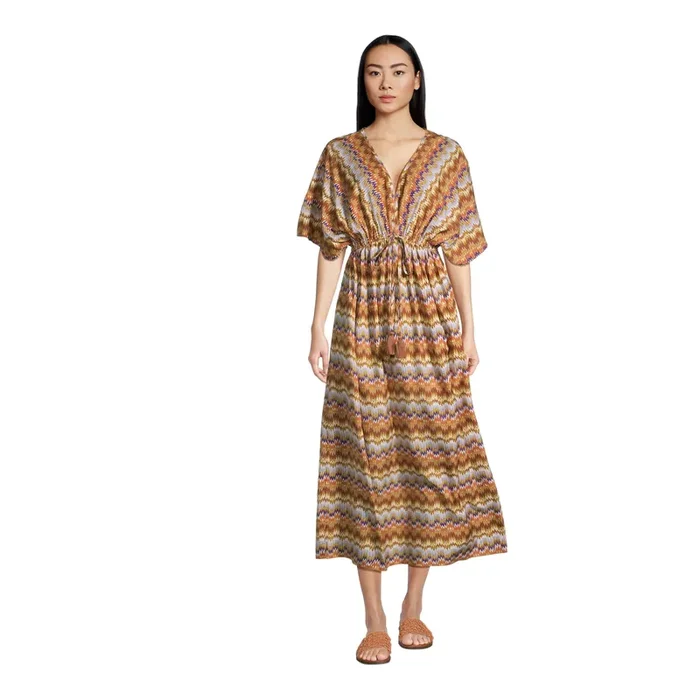 Mira Brown And Purple Ritmo Geometric Kaftan Dress