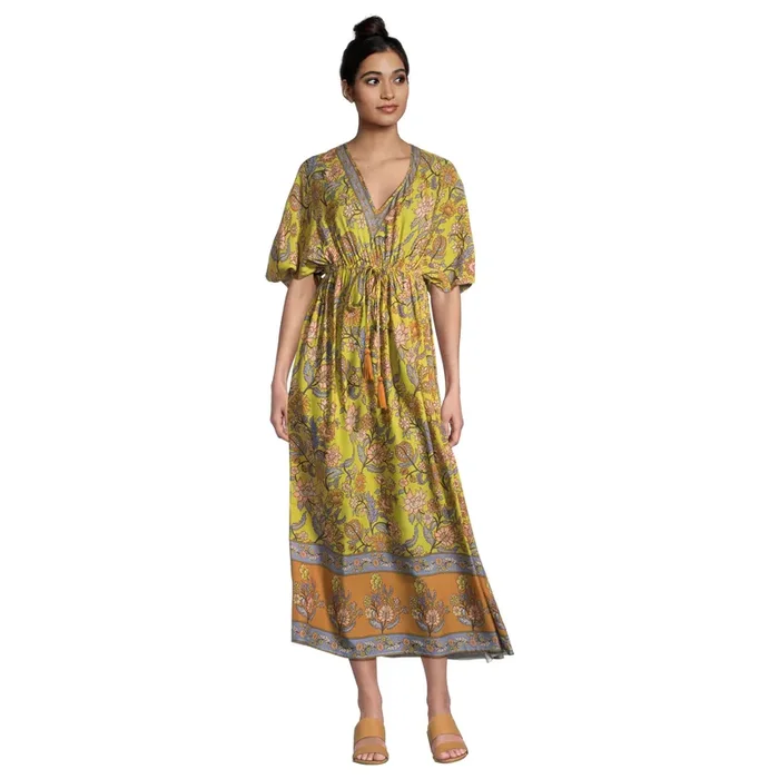 Mira Chartreuse and Periwinkle Floral Kaftan Dress with Pockets