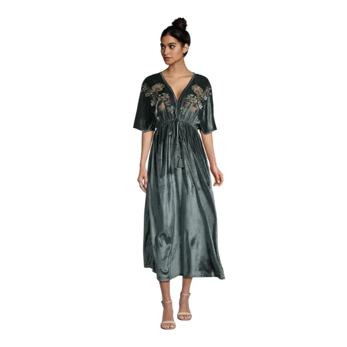 Mira Green Velvet Floral Embroidered Kaftan Dress