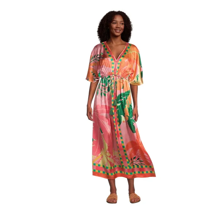 Mira Hot Pink Satin Tropical Bird and Botanical Kaftan Dress