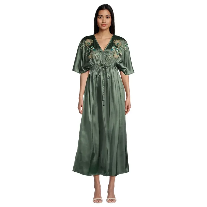 Mira Laurel Green Satin Floral Embroidered Kaftan Dress