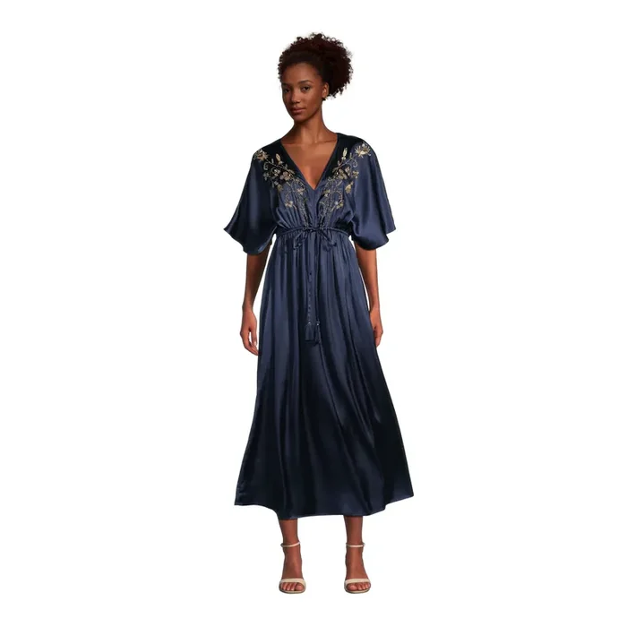 Mira Navy Blue Satin Floral Embroidered Kaftan Dress