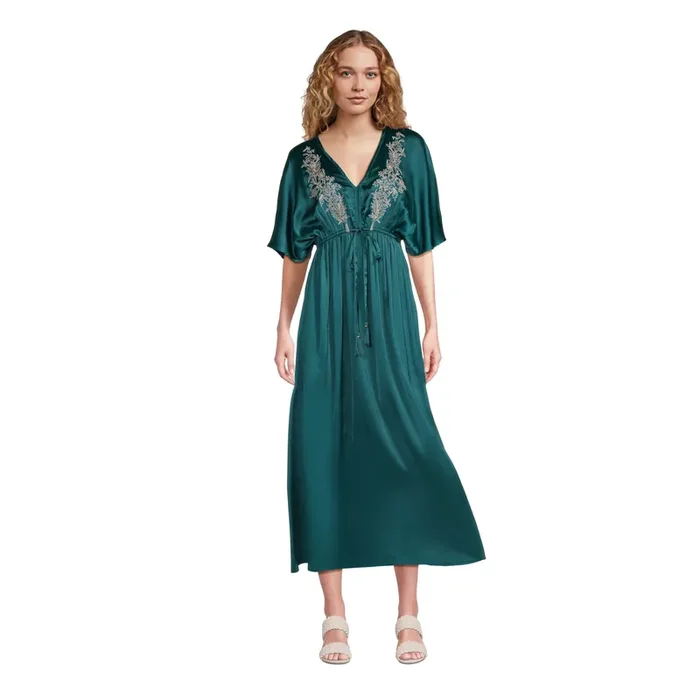 Mira Teal Satin Floral Embroidered Kaftan Dress