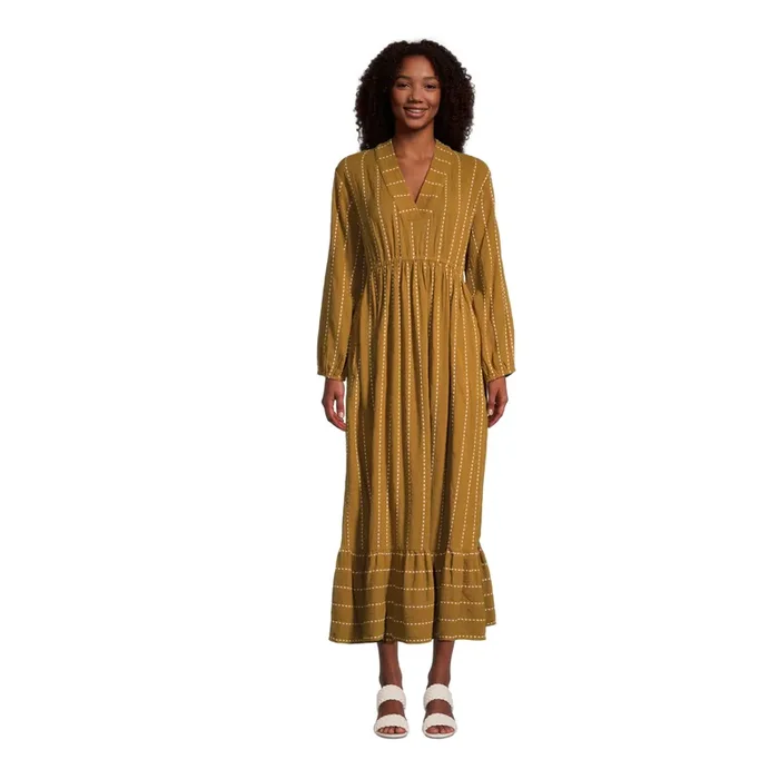 Mira Tobacco and Ivory Stripe Long Sleeve Kaftan Dress with Pockets