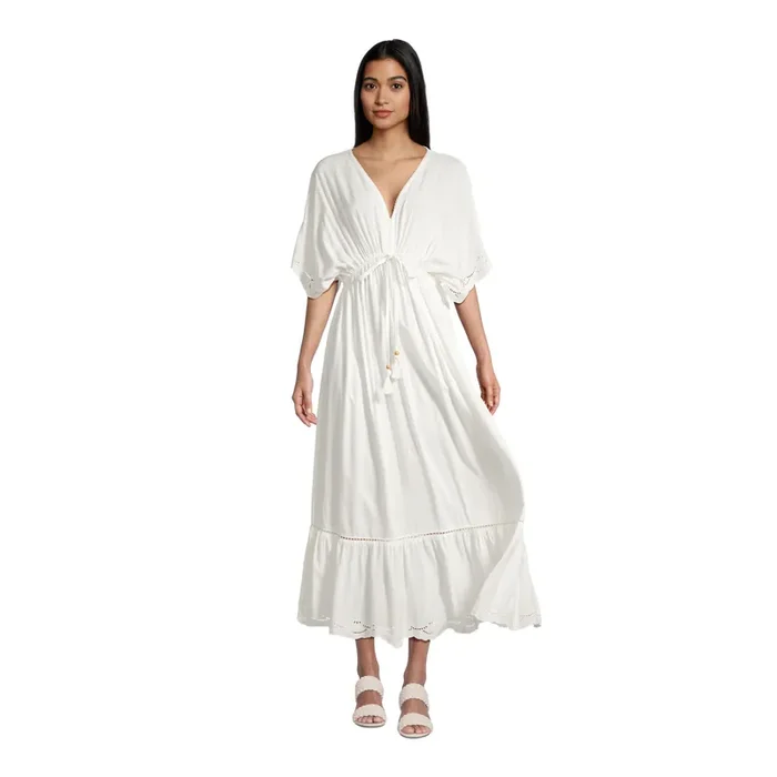 Mira White Eyelet And Embroidered Kaftan Dress