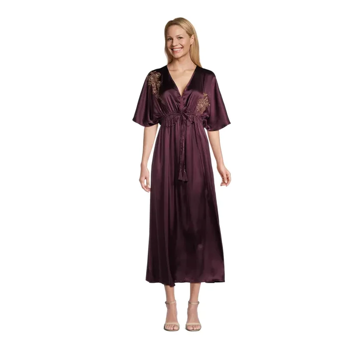 Mira Wine Red Satin Floral Embroidered Kaftan Dress