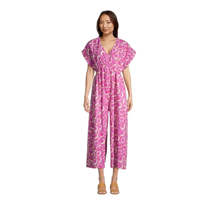 Misha Fuchsia and Ivory Abstract Circles Jumpsuit with Pockets