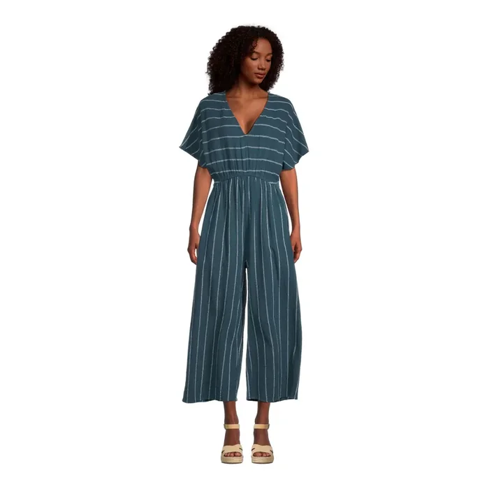 Misha Teal and White Stripe Khadi Jumpsuit with Pockets