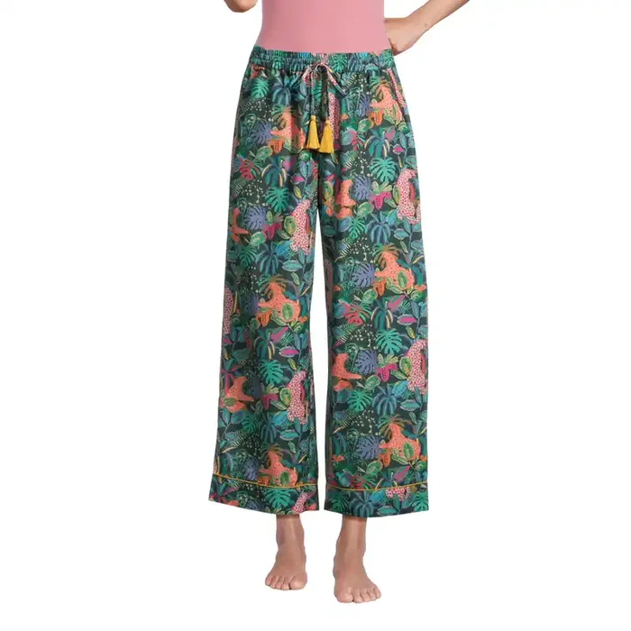 Multicolor Satin Tropical Jungle Leopard Pajama Pants
