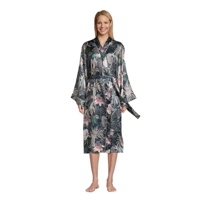 Multicolor Teal Satin Tropical Botanical Robe