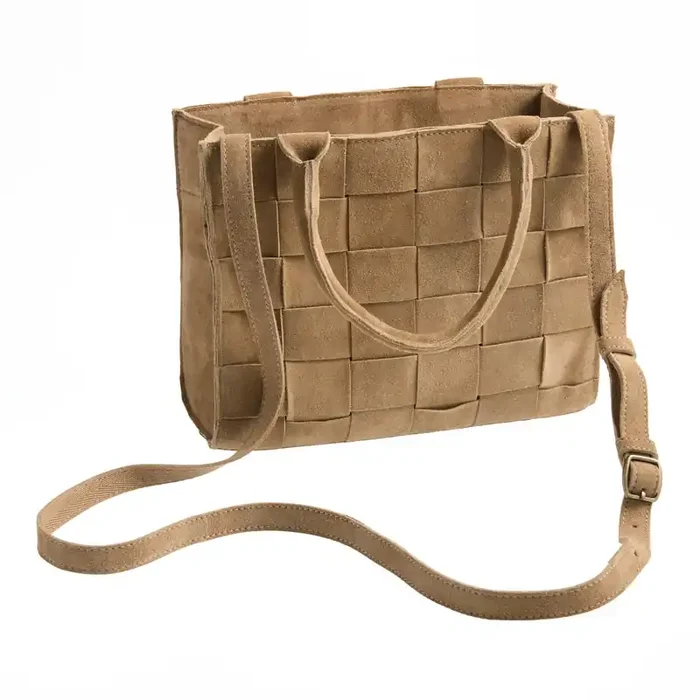 Mushroom Taupe Suede Woven Basketweave Tote Bag