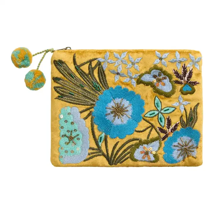 Mustard and Blue Floral Embroidered Beaded Zip Pouch