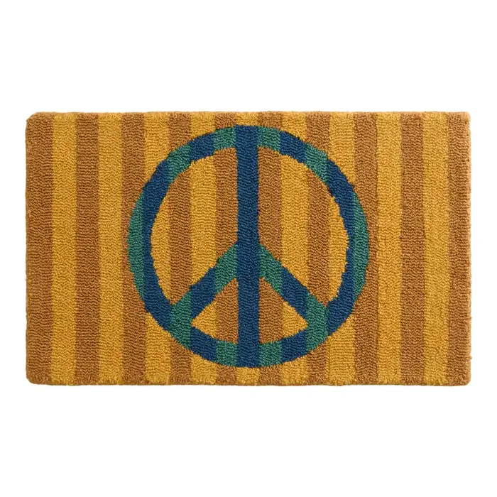 Navy Blue and Teal Peace Sign Hand Hooked Recycled Rug