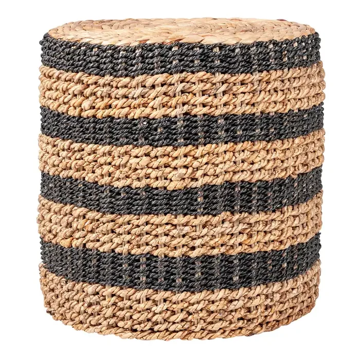 Nevill Round Black and Natural Seagrass Striped Drum Stool