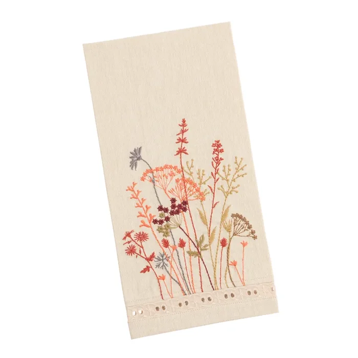 Oatmeal Embroidered Warm Botanical Kitchen Towel