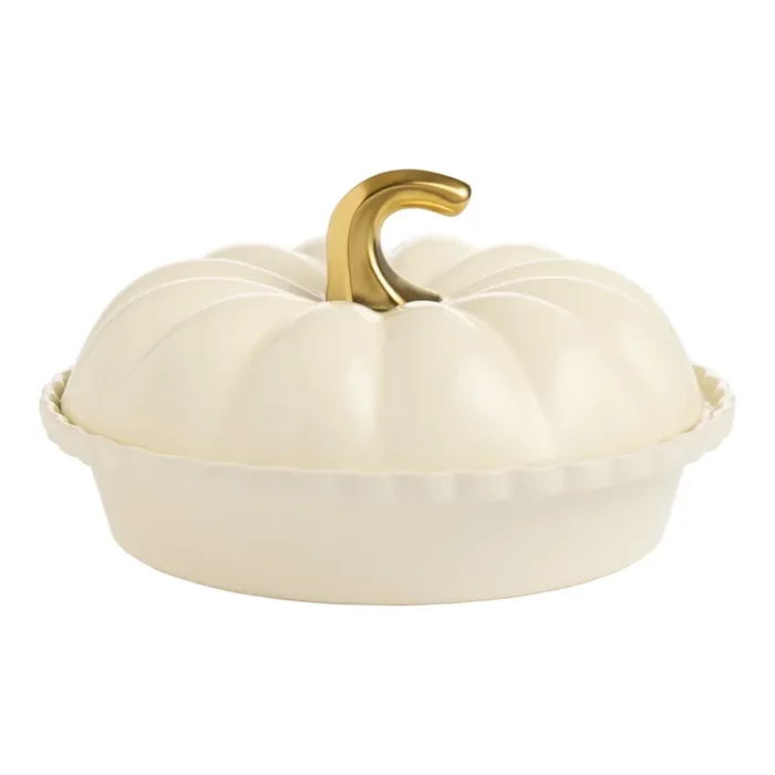 Off White Ceramic Pumpkin Figural Deep Pie Dish with Lid