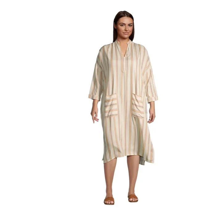 Ojai Tan Woven Stripe Kaftan Dress With Pockets