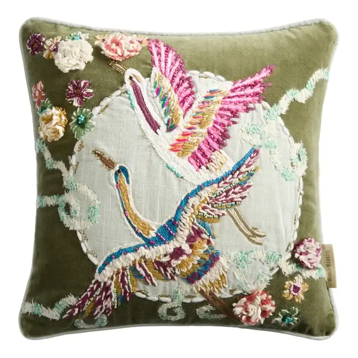 Olive Green Embroidered Cranes Throw Pillow