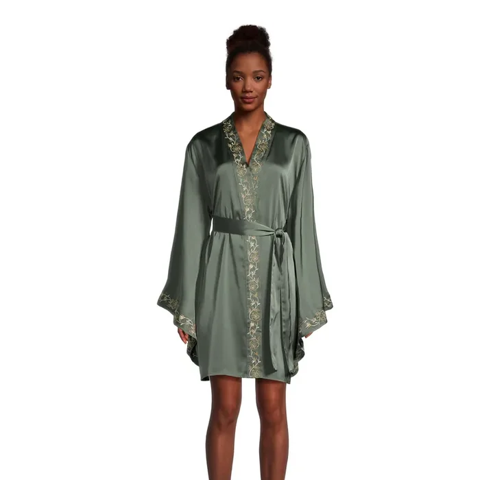 Olive Green Satin Floral Embroidered Kimono Robe