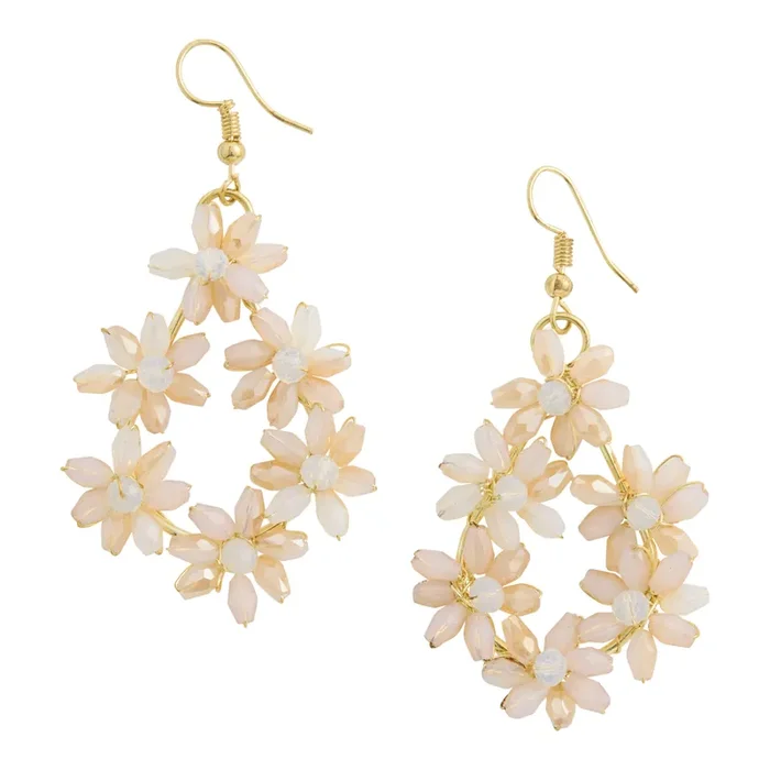 Opal Glass Hand Beaded Flower Cluster Drop Earrings
