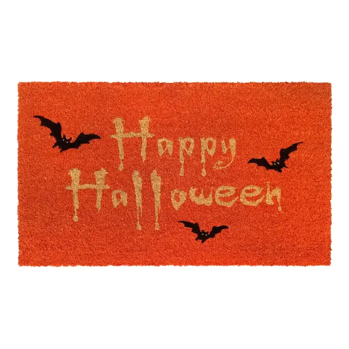 Orange and Black Happy Halloween Bats Coir Doormat