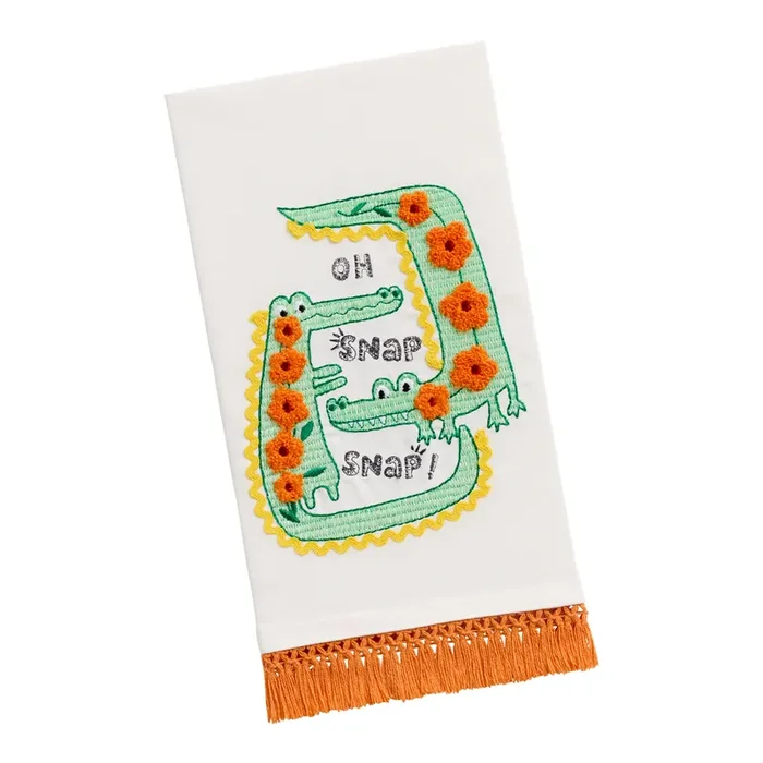 Orange and Green Crocodile Oh Snap Embroidered Kitchen Towel
