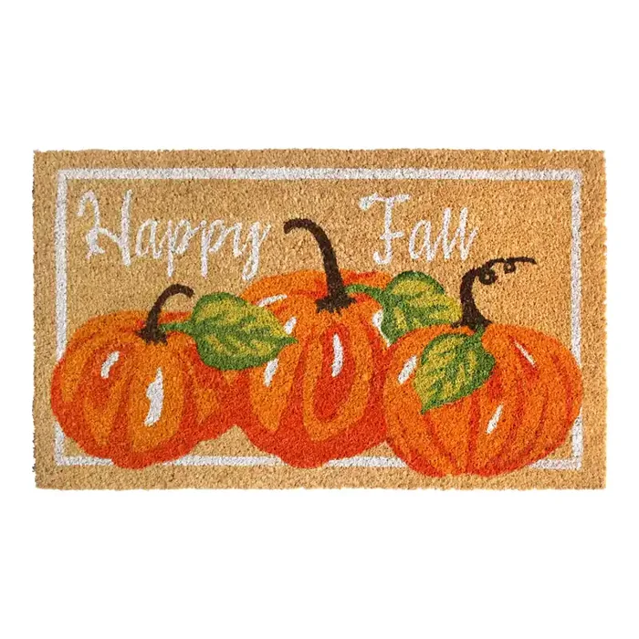 Orange and White Happy Fall Pumpkins Coir Doormat