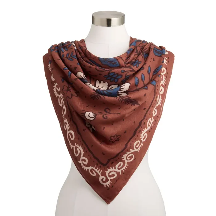 Oversized Square Brown and Blue Floral Bandana Scarf