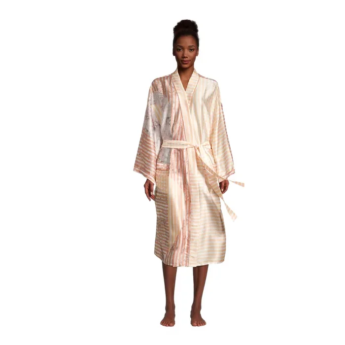 Peach Satin Mixed Print Stripe and Floral Robe