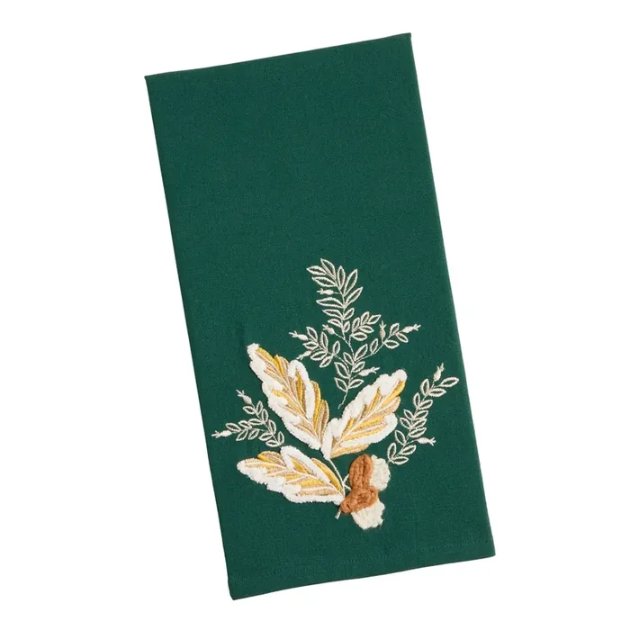 Pine Green and White Acorn Floral Embroidered Kitchen Towel