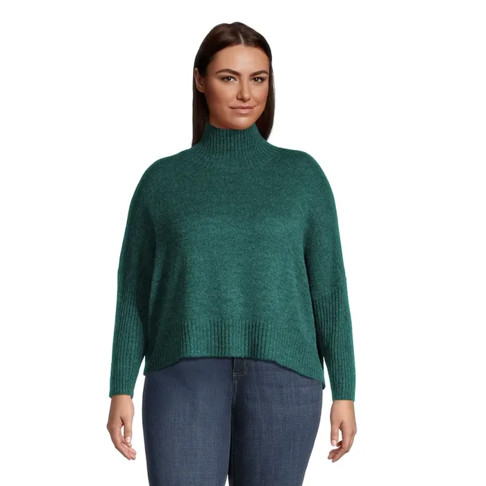 Pine Green Recycled Yarn Ribbed Funnel Neck Sweater
