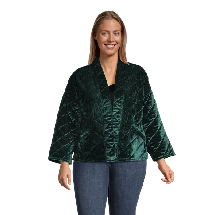 Pine Green Velvet Quilted Open Front Jacket with Pockets
