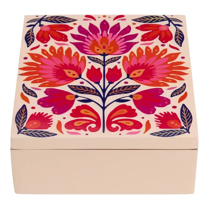 Pink and Purple Hand Painted Wood Floral Tea Storage Box