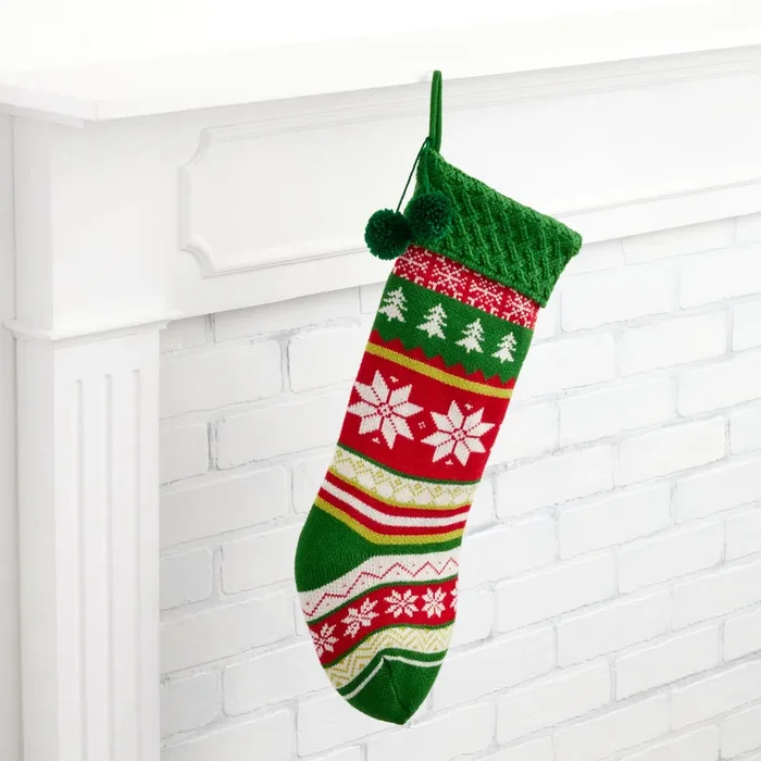 Red And Green Knit Fair Isle Snowflake Christmas Stocking