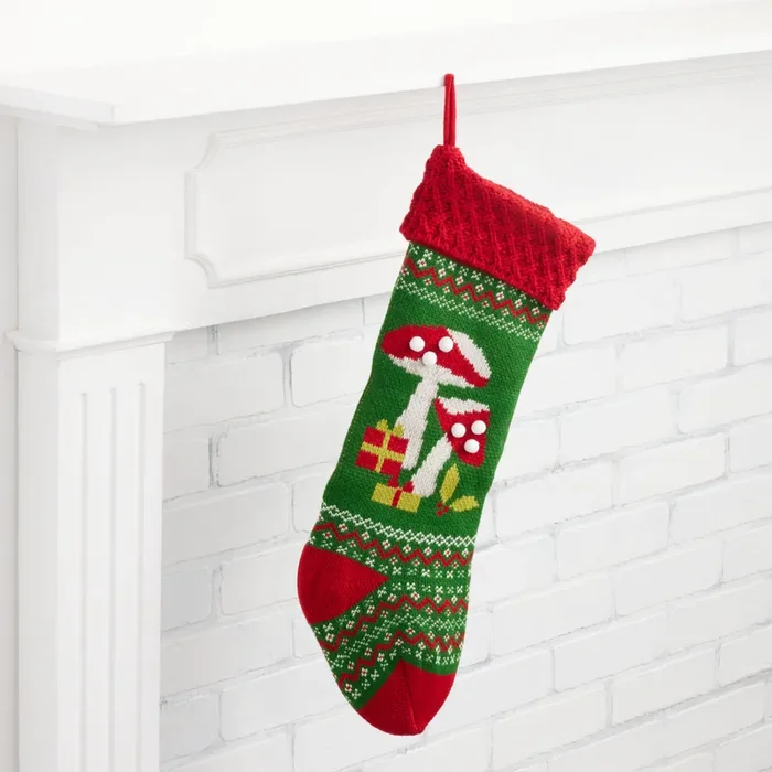 Red And Green Knit Mushroom Christmas Stocking
