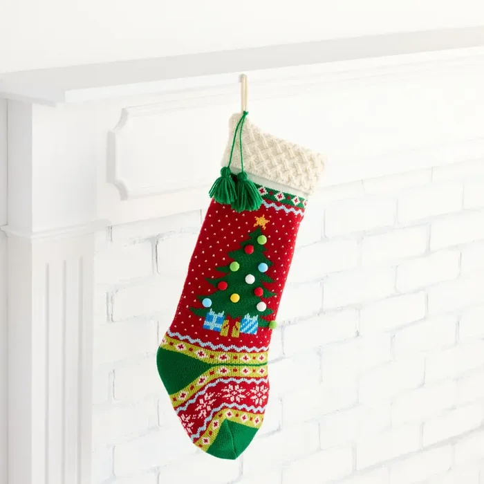 Red and Green Knit Pom Pom Tree Christmas Stocking