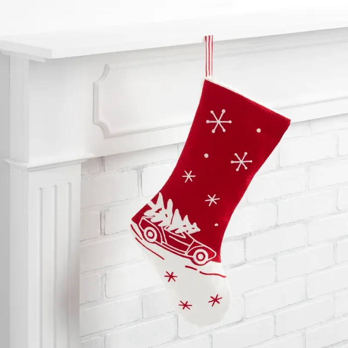 Red and Ivory Embroidered Car And Tree Christmas Stocking