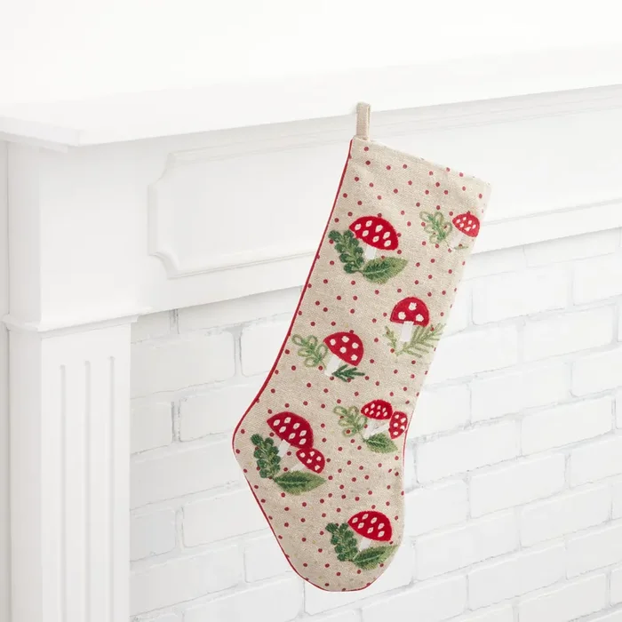 Red And Ivory Embroidered Mushroom Christmas Stocking