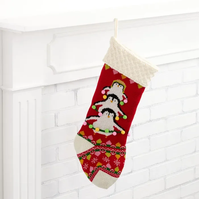 Red And Ivory Knit Penguin Tree Christmas Stocking