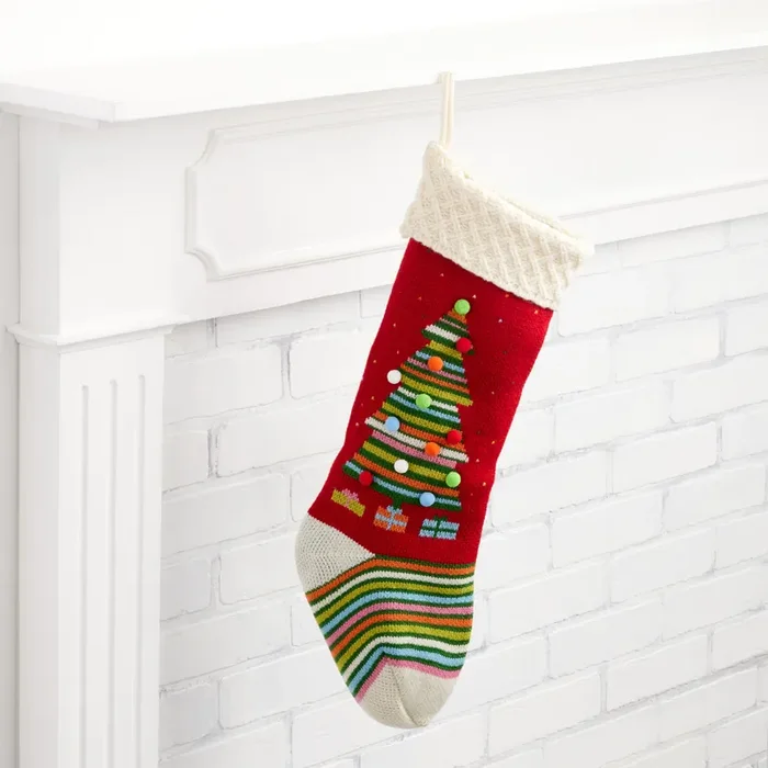 Red And Ivory Knit Striped Tree Christmas Stocking