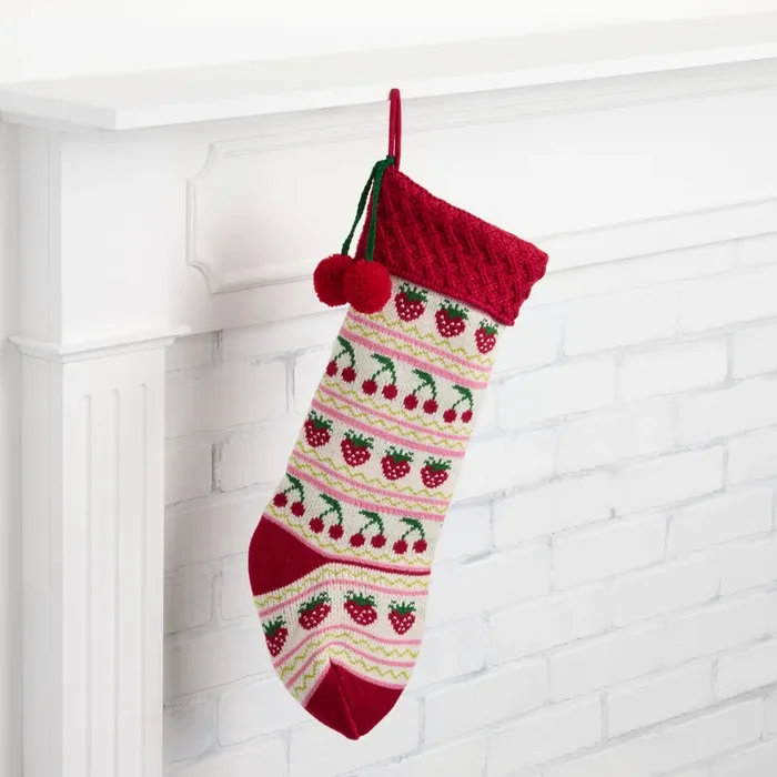 Red and White Knit Fruit Christmas Stocking