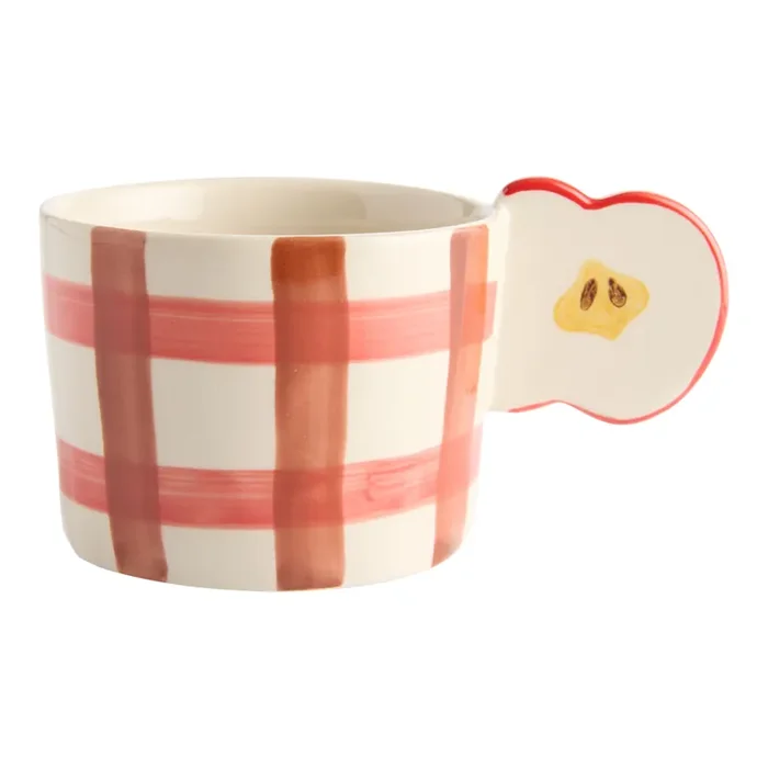 Red and White Plaid Hand Painted Apple Handle Ceramic Mug