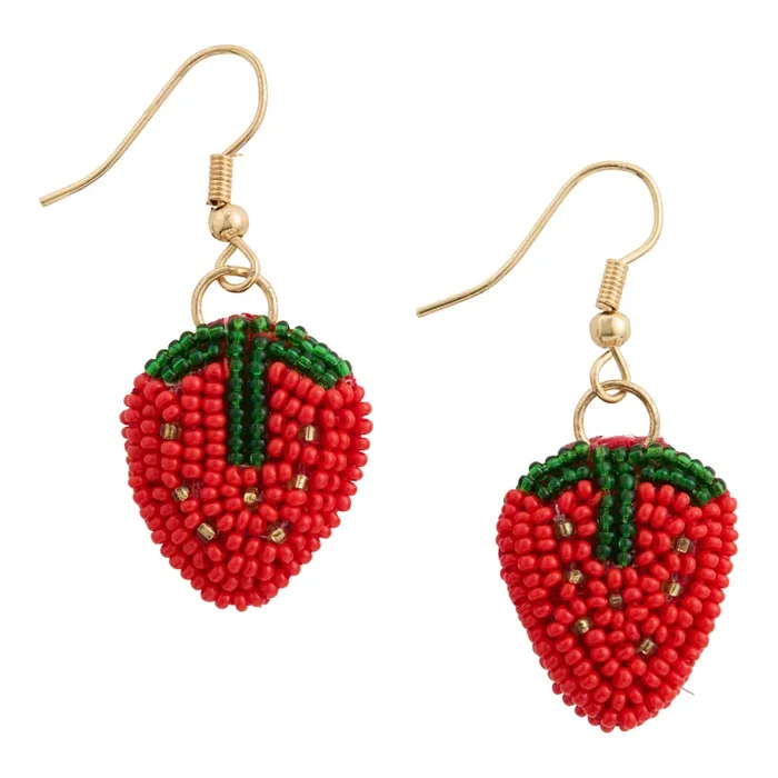 Red Beaded Strawberry Drop Earrings