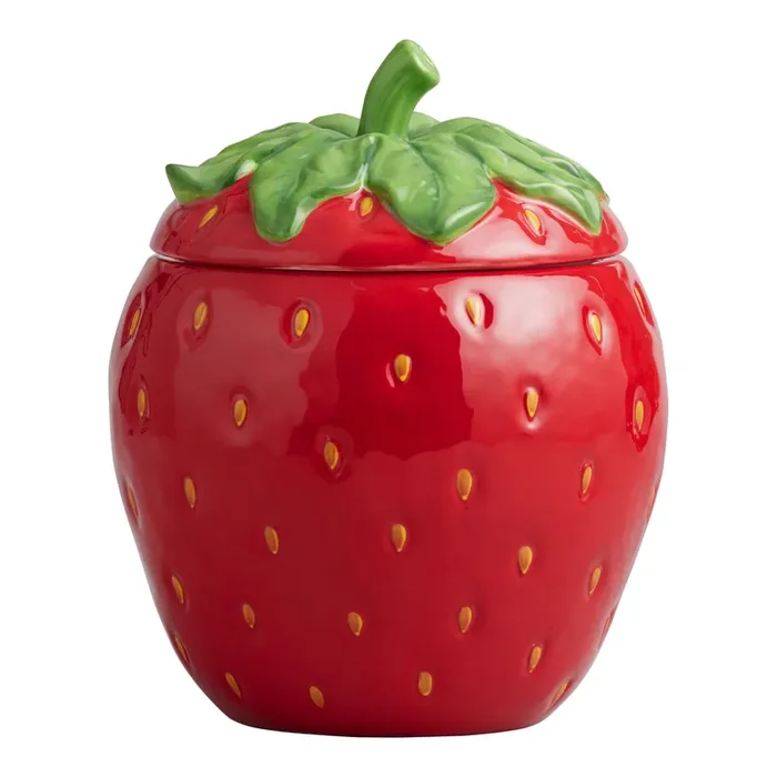 Red Ceramic Strawberry Hand Painted Figural Cookie Jar