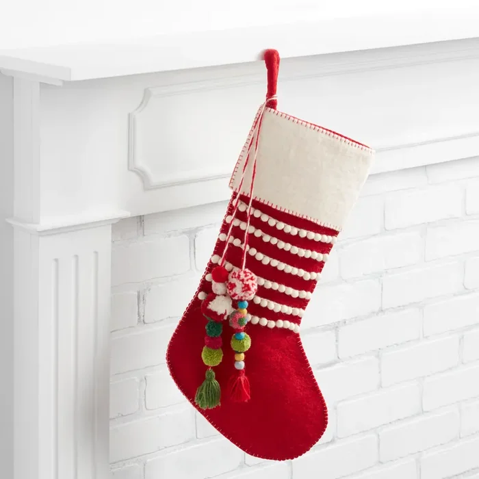 Red Felted Wool Christmas Stocking with Pom Pom Tassels