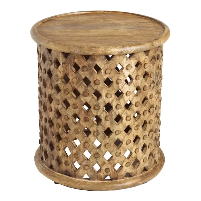 Round Aged Driftwood Carved Wood Lattice Side Table