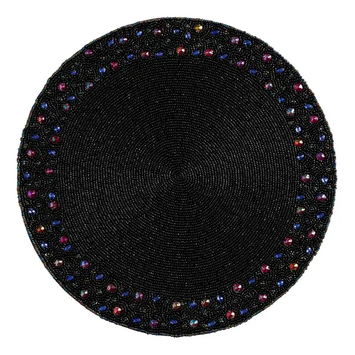 Round Black Multicolor Gem Beaded Placemat
