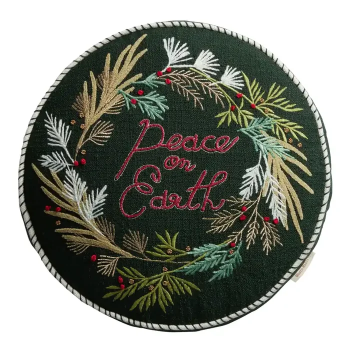 Round Dark Green Peace On Earth Indoor Outdoor Throw Pillow